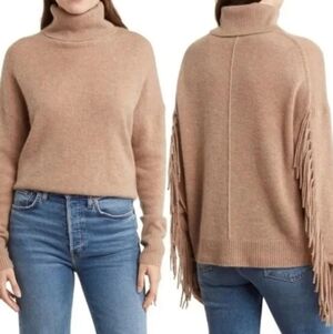 NWT 360 Cashmere Hudson Fringe Turtleneck Sweater Beige Wool Cashmere